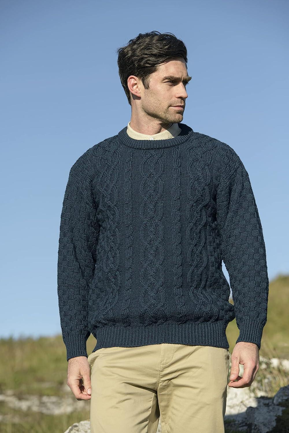 image:imageAran Crafts Basket Stitch Crew Neck Sweater 100 WoolBlackwatch