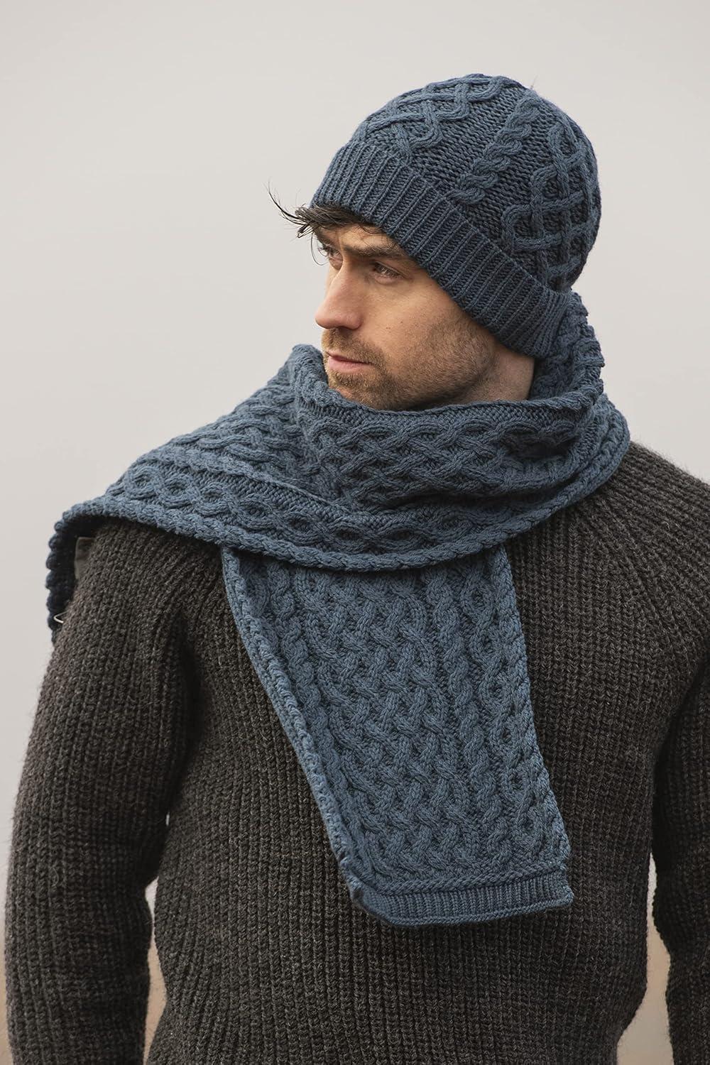 image:imageAran Crafts Irish Soft Cable Knitted Trellis Pattern Scarf 100 Merino WoolMallard Blue