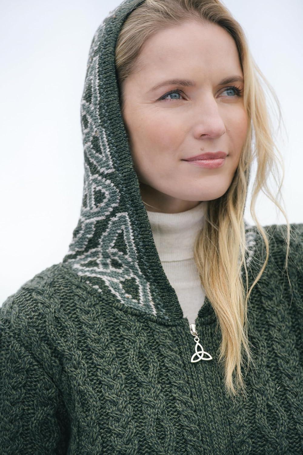 image:imageAran Crafts Irish Womens Celtic Jacquard Hooded Coat 100 Merino WoolArmy Green