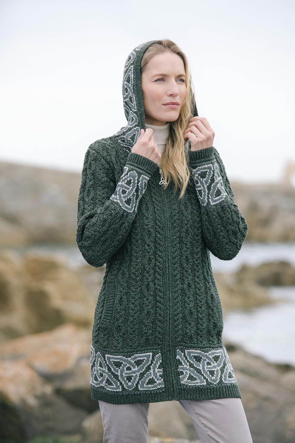 image:imageAran Crafts Irish Womens Celtic Jacquard Hooded Coat 100 Merino WoolArmy Green