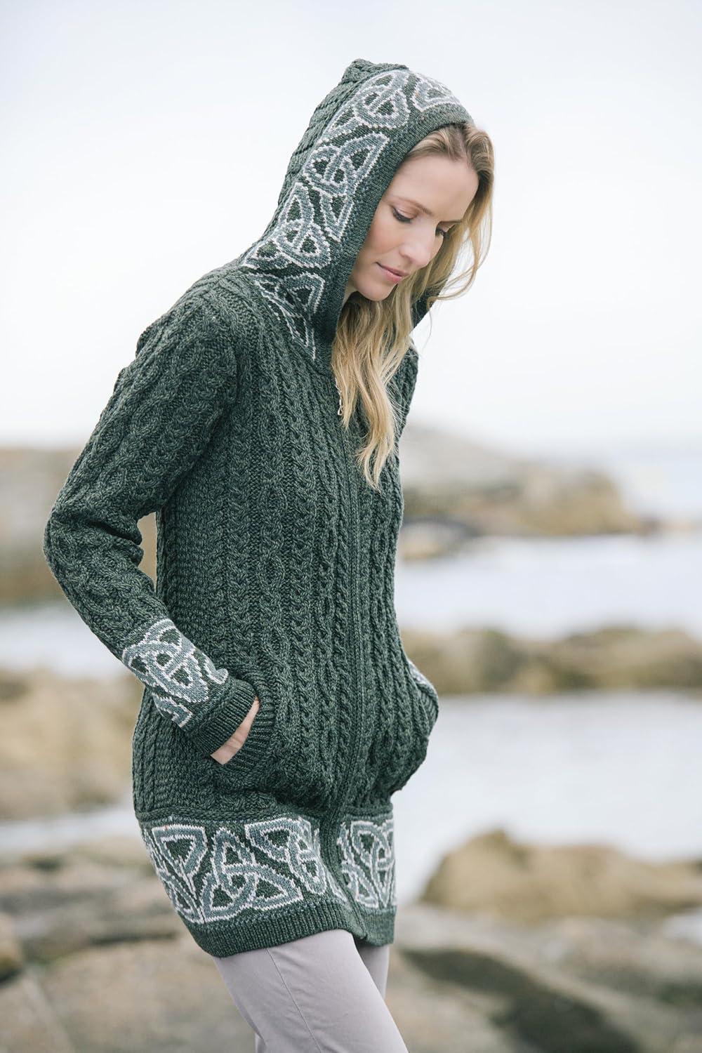 image:imageAran Crafts Irish Womens Celtic Jacquard Hooded Coat 100 Merino WoolArmy Green