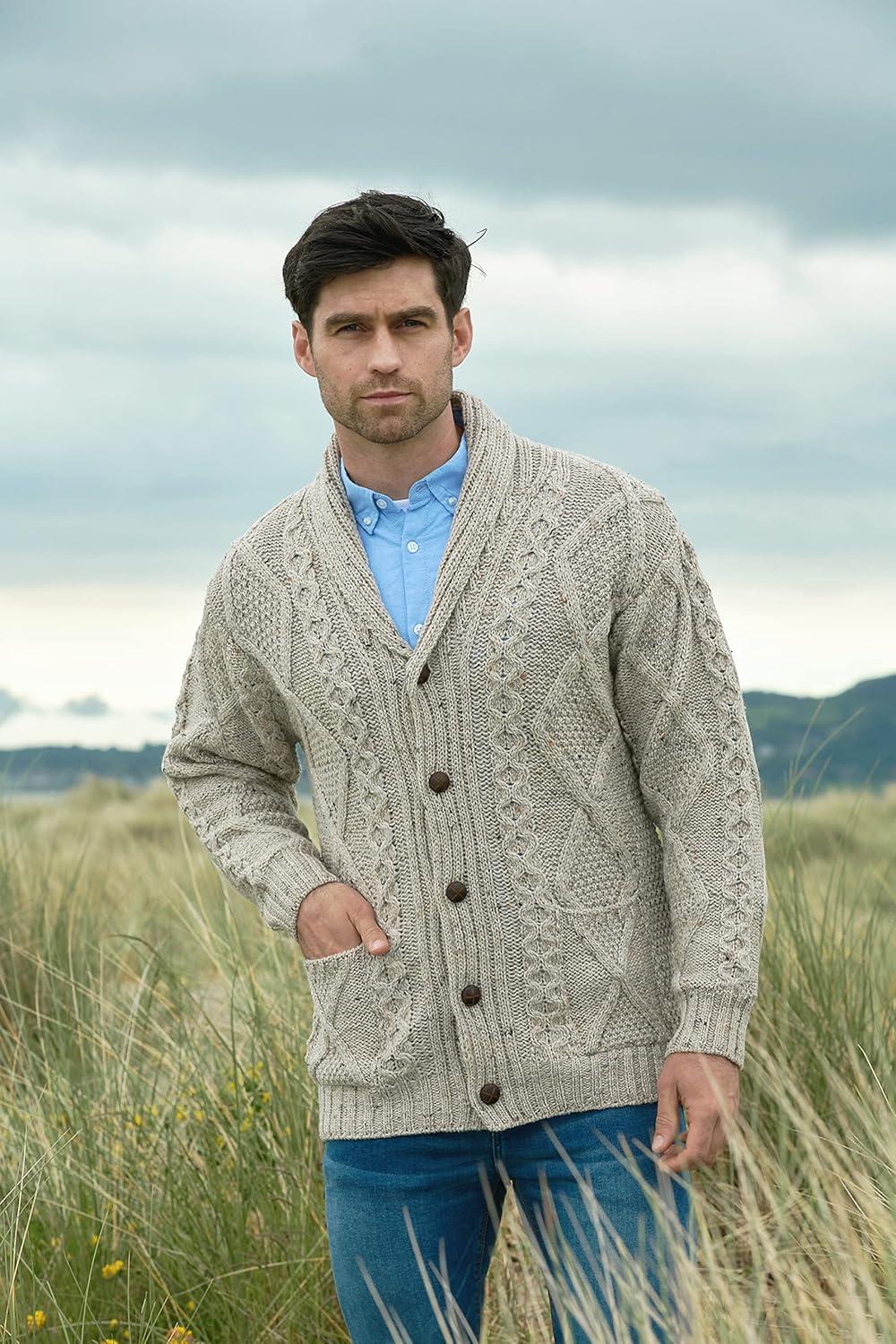 image:imageAran Crafts Mens Irish Cable Knitted Cardigan Sweater 100 Merino WoolOatmeal