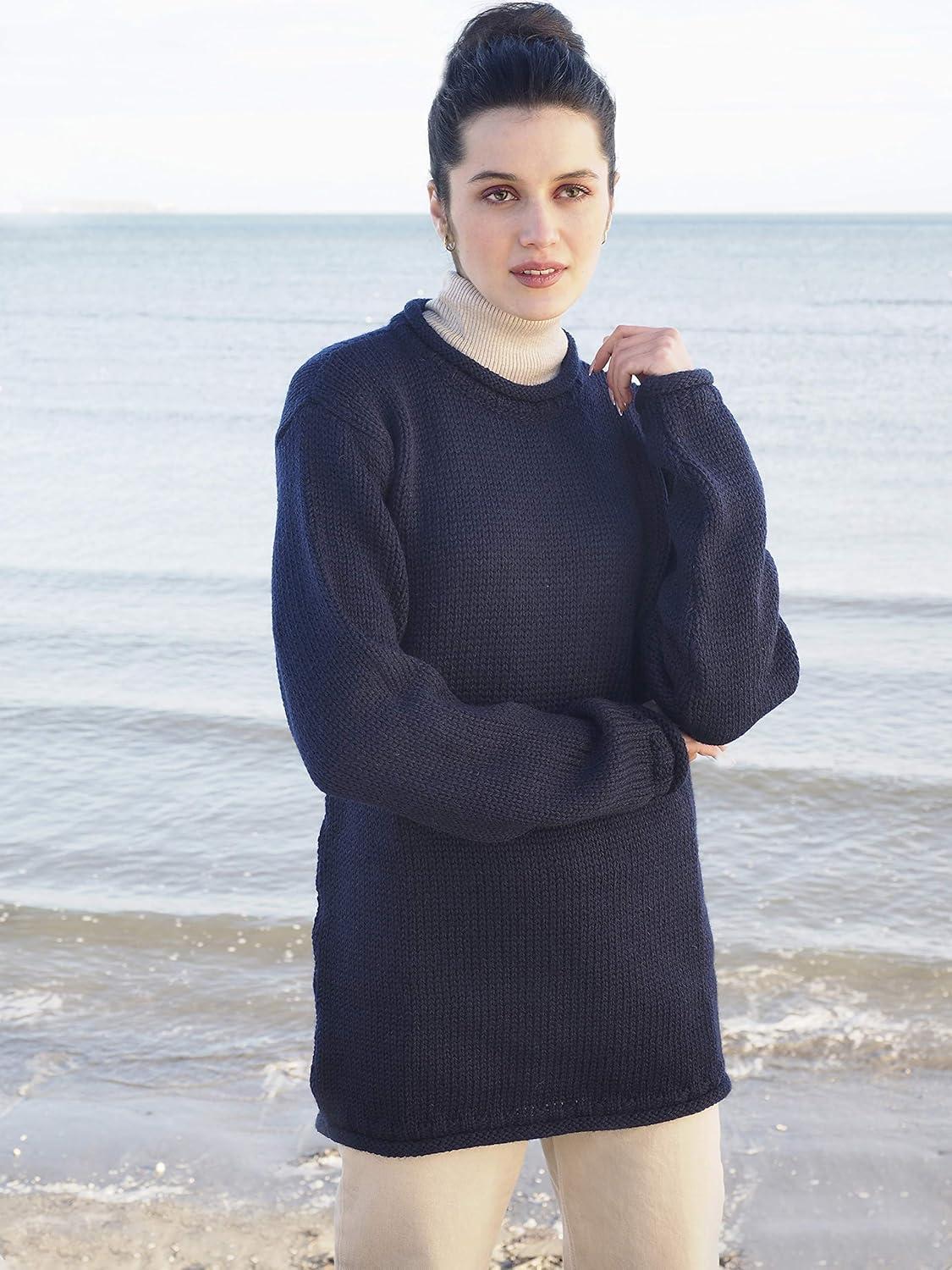 image:imageAran Crafts Mens Plain Curl Neck Long Sleeve Sweater 100 WoolNavy
