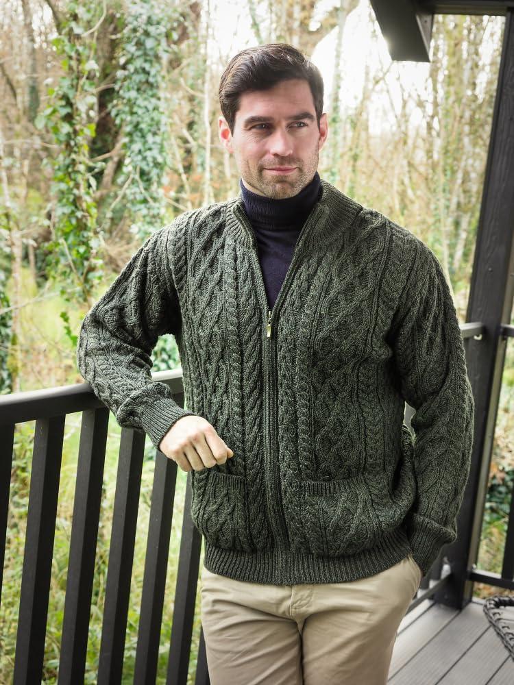 image:imageAran Crafts Mens Zip Cardigan 100 Merino Wool Made in IrelandArmy Green
