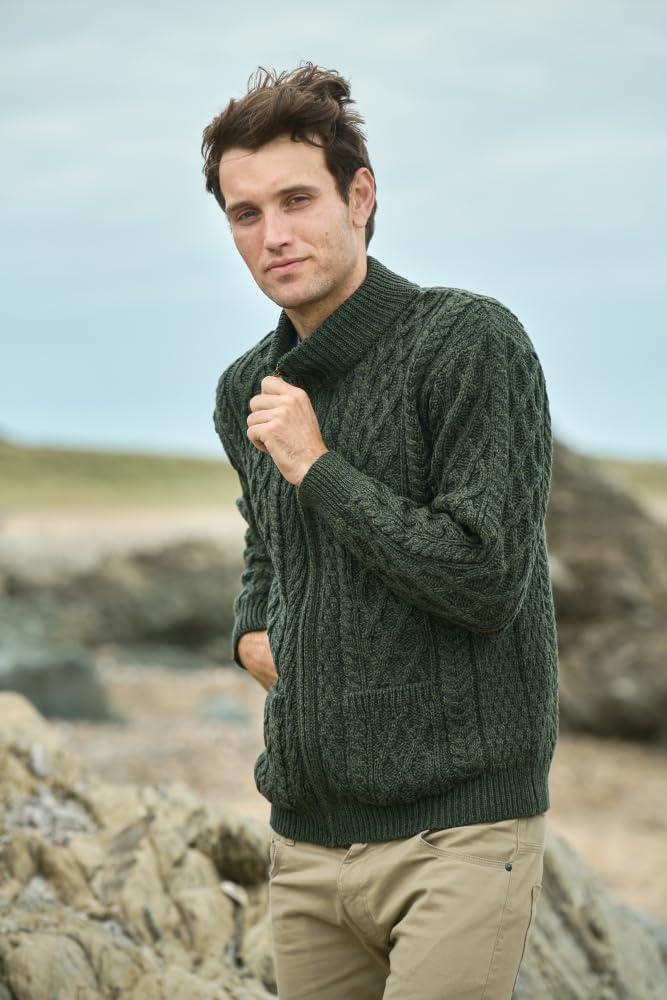 image:imageAran Crafts Mens Zip Cardigan 100 Merino Wool Made in IrelandArmy Green