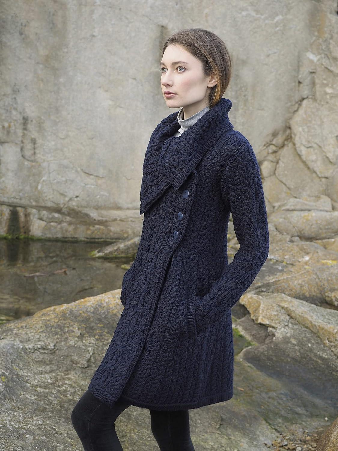 image:imageAran Crafts Womens Cable Knit Soft Collar 3 Button Coat 100 Merino WoolNavy