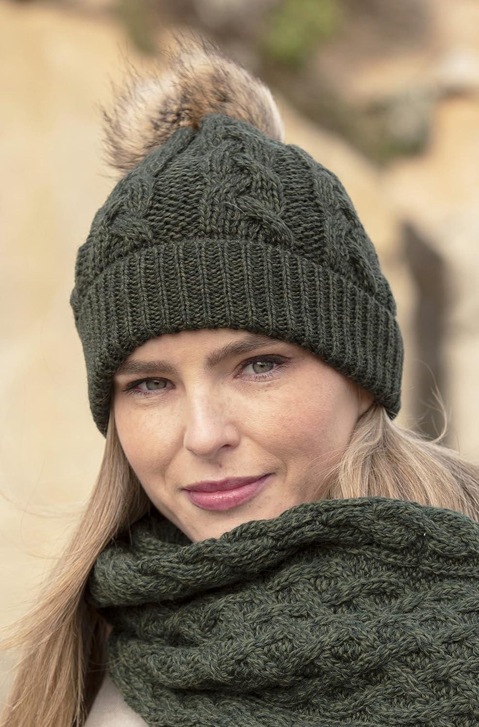 image:imageAran Crafts Womens Irish Cable Knitted Soft Pom Faux Fur Hat 100 Merino WoolArmy Green