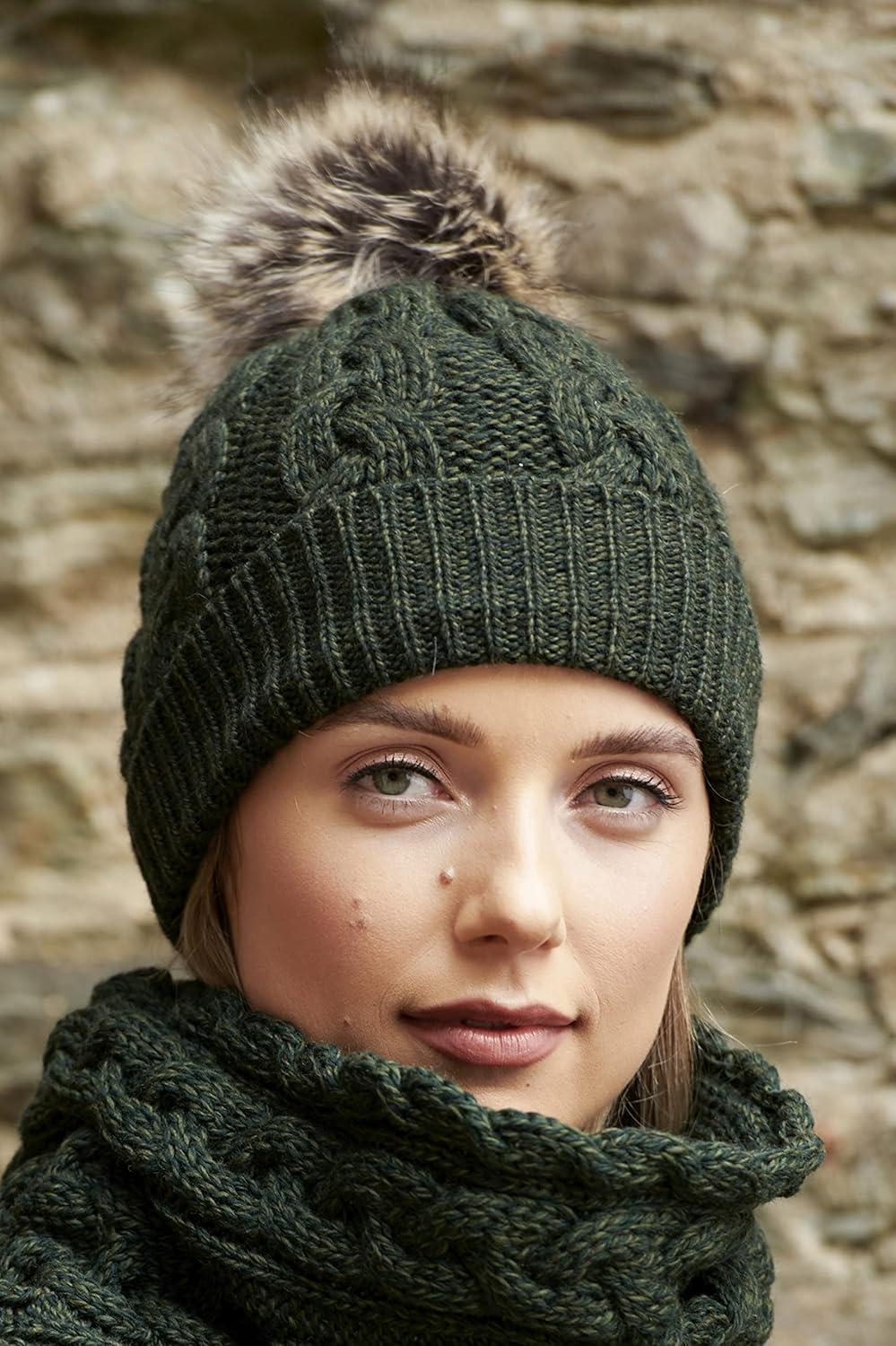 image:imageAran Crafts Womens Irish Cable Knitted Soft Pom Faux Fur Hat 100 Merino WoolArmy Green