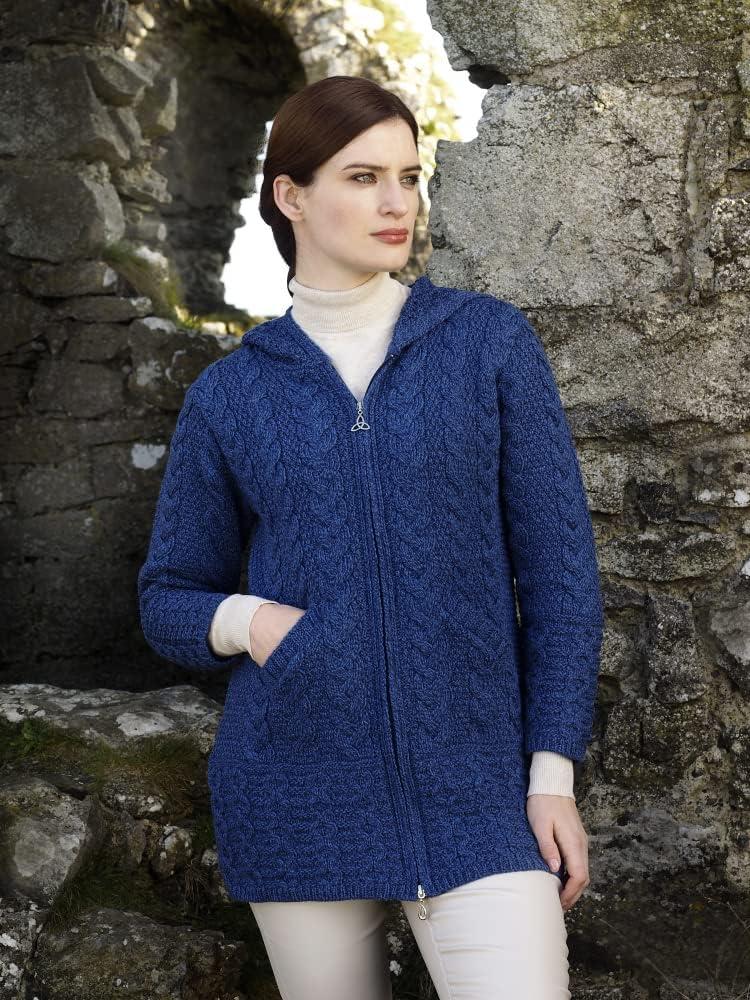 image:imageAran Crafts Womens Irish Cable Knitted Wool Hooded Zip Coat 100 Merino WoolMallard Blue