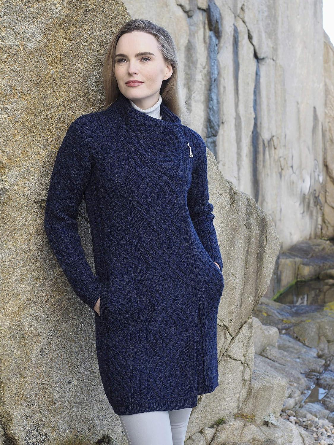 image:imageAran Crafts Womens Irish Soft Cable Knitted Side Zip Coat 100 Merino WoolMidnight Blue