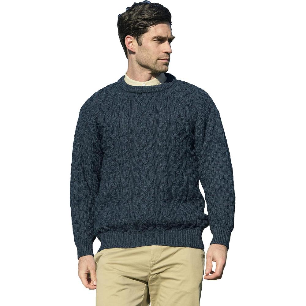image:imageAran Crafts Basket Stitch Crew Neck Sweater 100 WoolBlackwatch