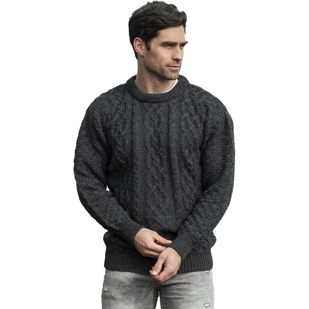 image:imageAran Crafts Basket Stitch Crew Neck Sweater 100 WoolCharcoal