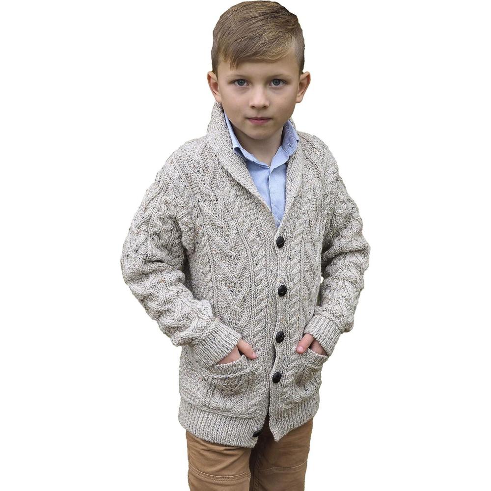 image:imageAran Crafts Boys Irish Soft Cable Knitted Shawl Cardigan 100 Merino WoolOatmeal