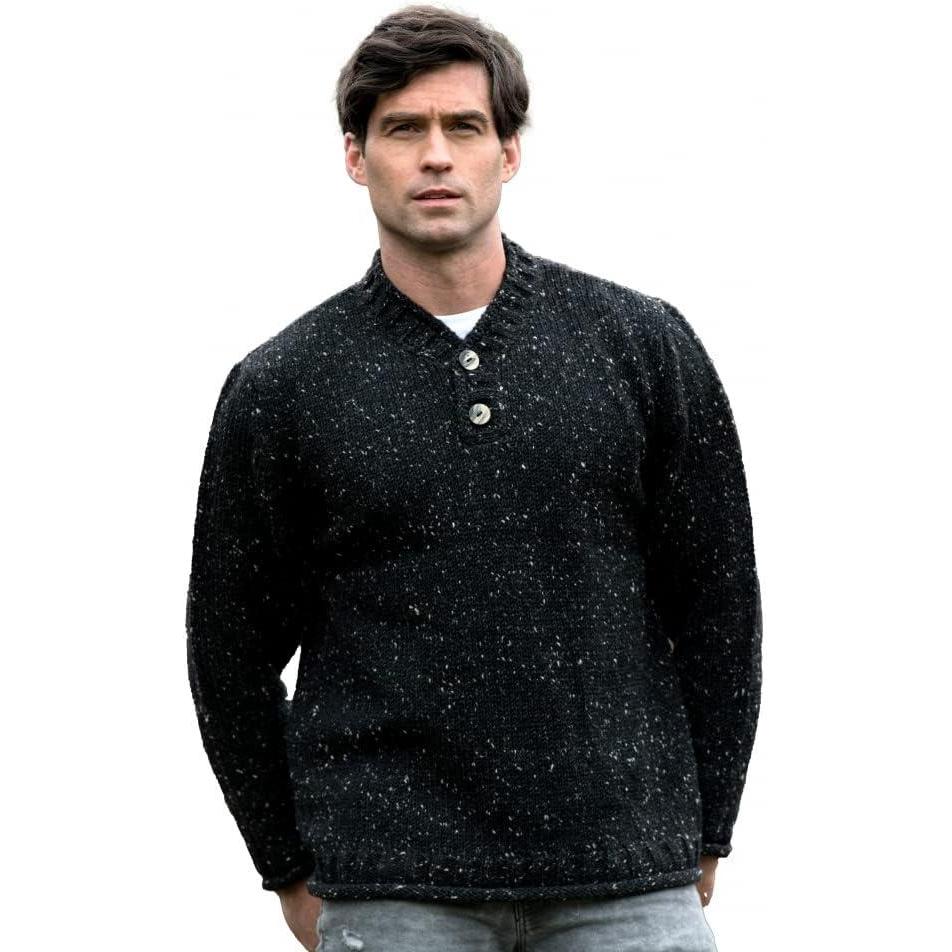 image:imageAran Crafts Irish Mens 2 Button VNeck Sweater 100 Donegal Wool K3082Black Nep