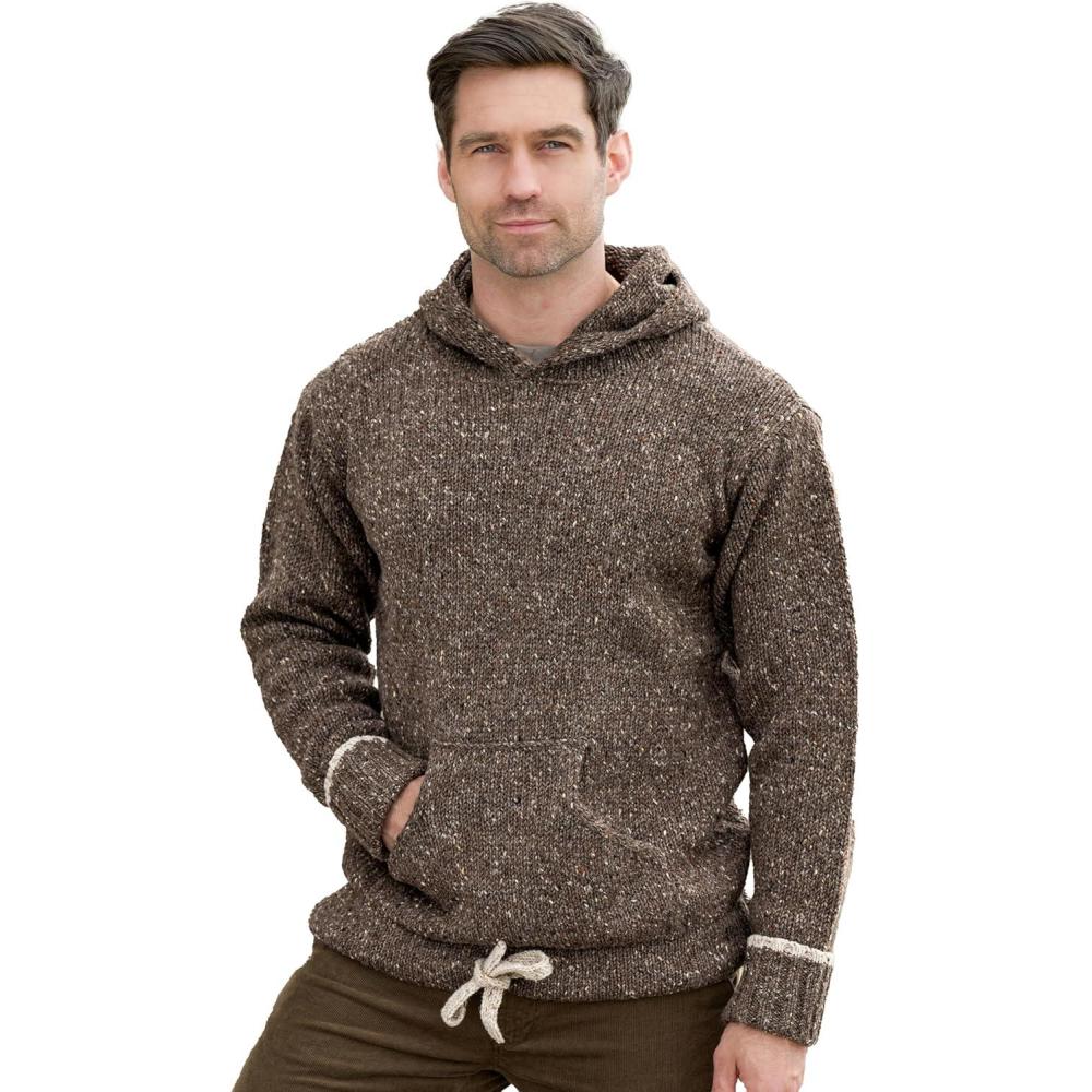image:imageAran Crafts Irish Mens Kangaroo Pocket Sweater 100 Donegal Wool K3084Brown