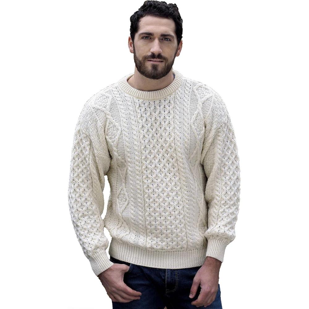 image:imageAran Crafts Irish Soft Cable Knitted Crew Neck Unisex Sweater 100 Pure New WoolEcru