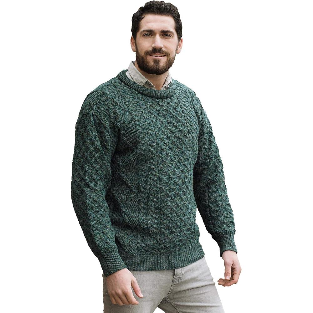 image:imageAran Crafts Irish Soft Cable Knitted Crew Neck Unisex Sweater 100 Pure New WoolMoss