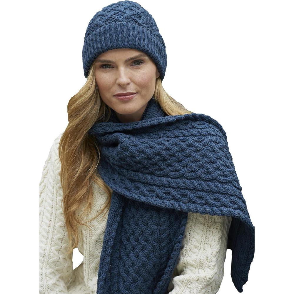 image:imageAran Crafts Irish Soft Cable Knitted Trellis Pattern Scarf 100 Merino WoolMallard Blue