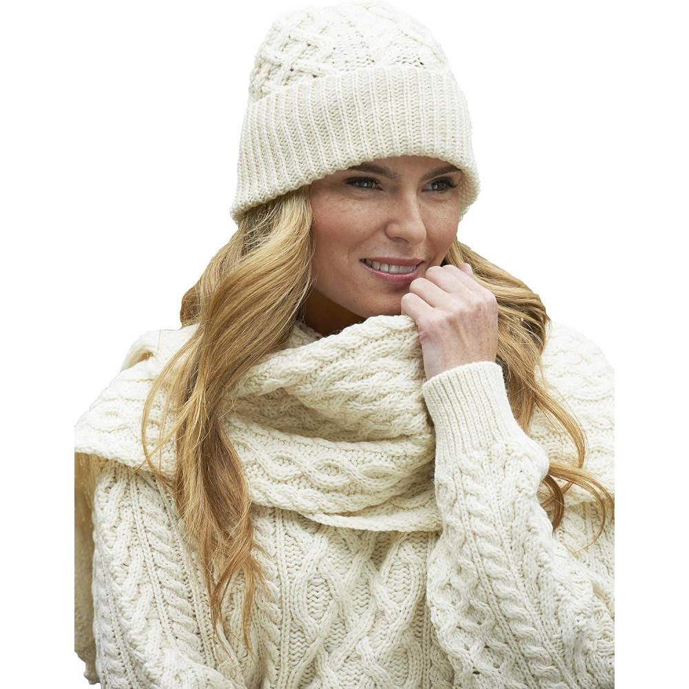 image:imageAran Crafts Irish Soft Cable Knitted Trellis Pattern Scarf 100 Merino WoolNatural