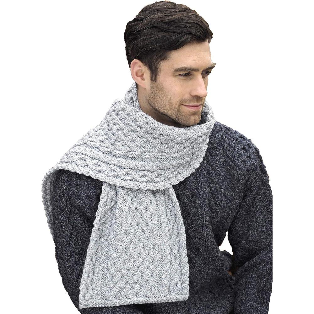 image:imageAran Crafts Irish Soft Cable Knitted Trellis Pattern Scarf 100 Merino WoolSoft Grey
