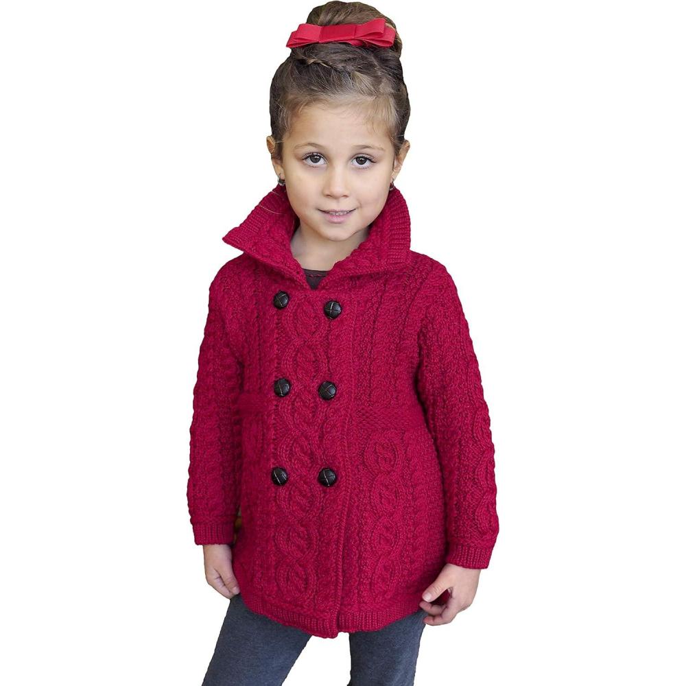 image:imageAran Crafts Kids Irish Cable Knit Soft Double Breasted Coat 100 Merino WoolGarnet