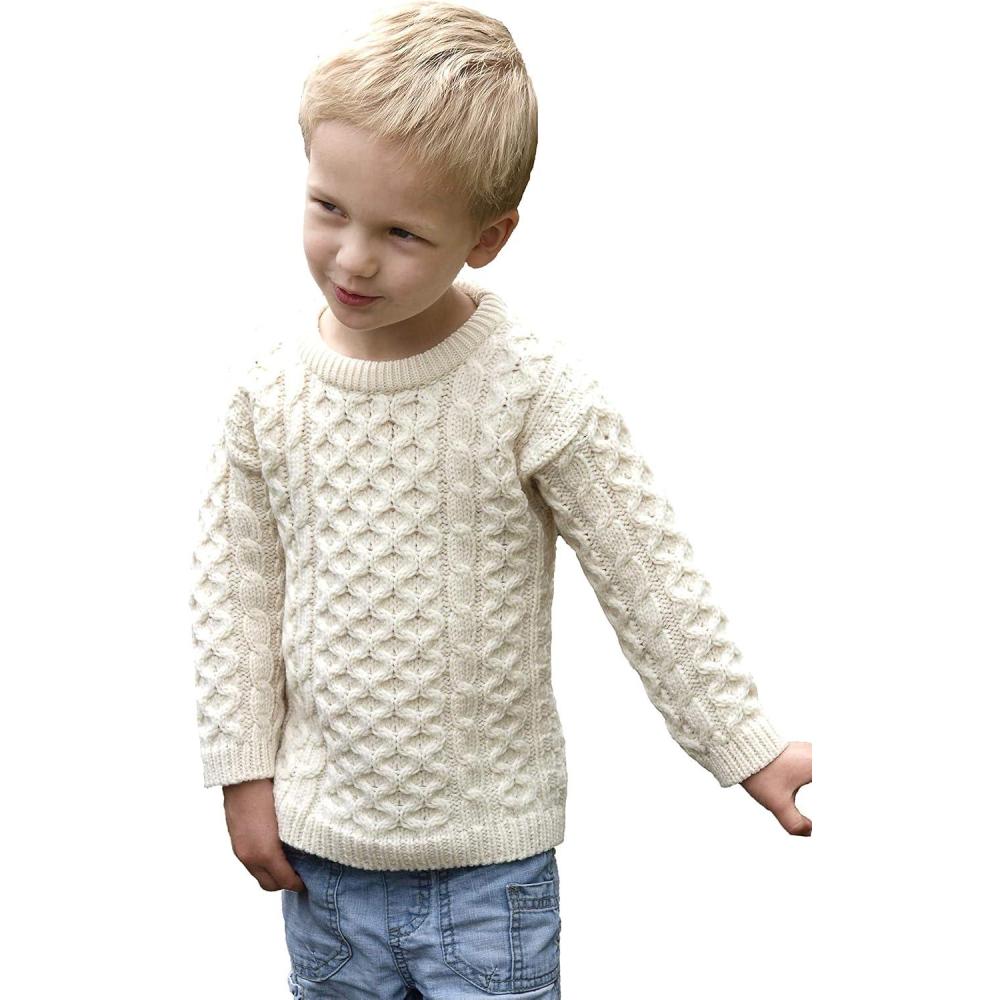 image:imageAran Crafts Kids Irish Cable Knitted Crew Neck Sweater 100 Merino WoolNatural