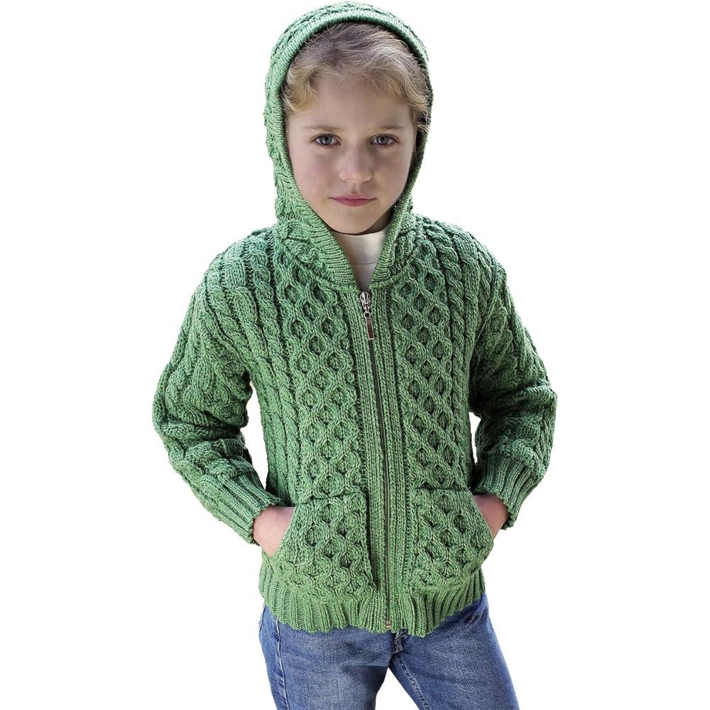 image:imageAran Crafts Kids Irish Cable Knitted Hooded Zip Cardigan 100 Merino WoolMarl Green