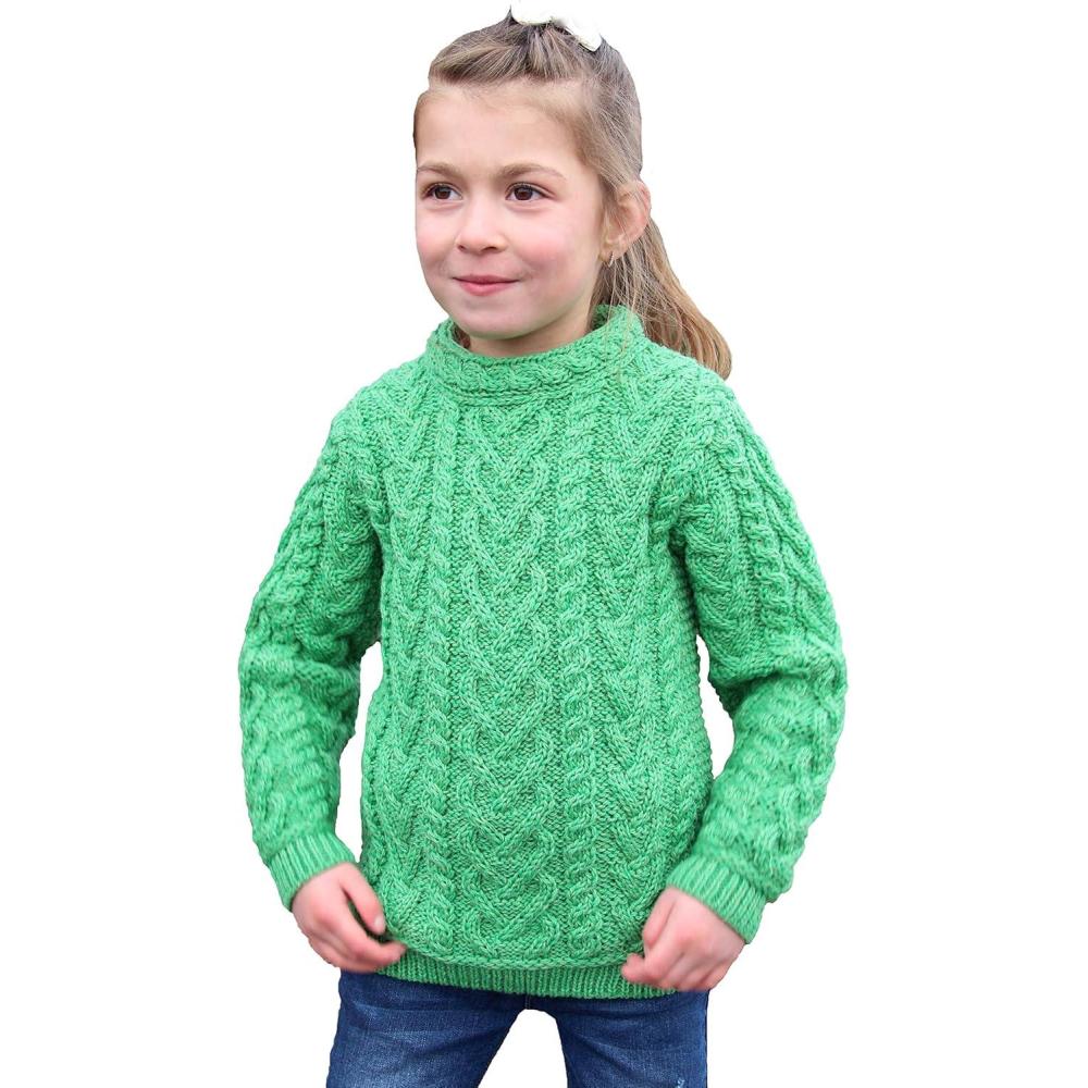 image:imageAran Crafts Kids Irish Soft Cable Knit Heart Design Long Sleeve Sweater 100 Merino WoolGreen Marl