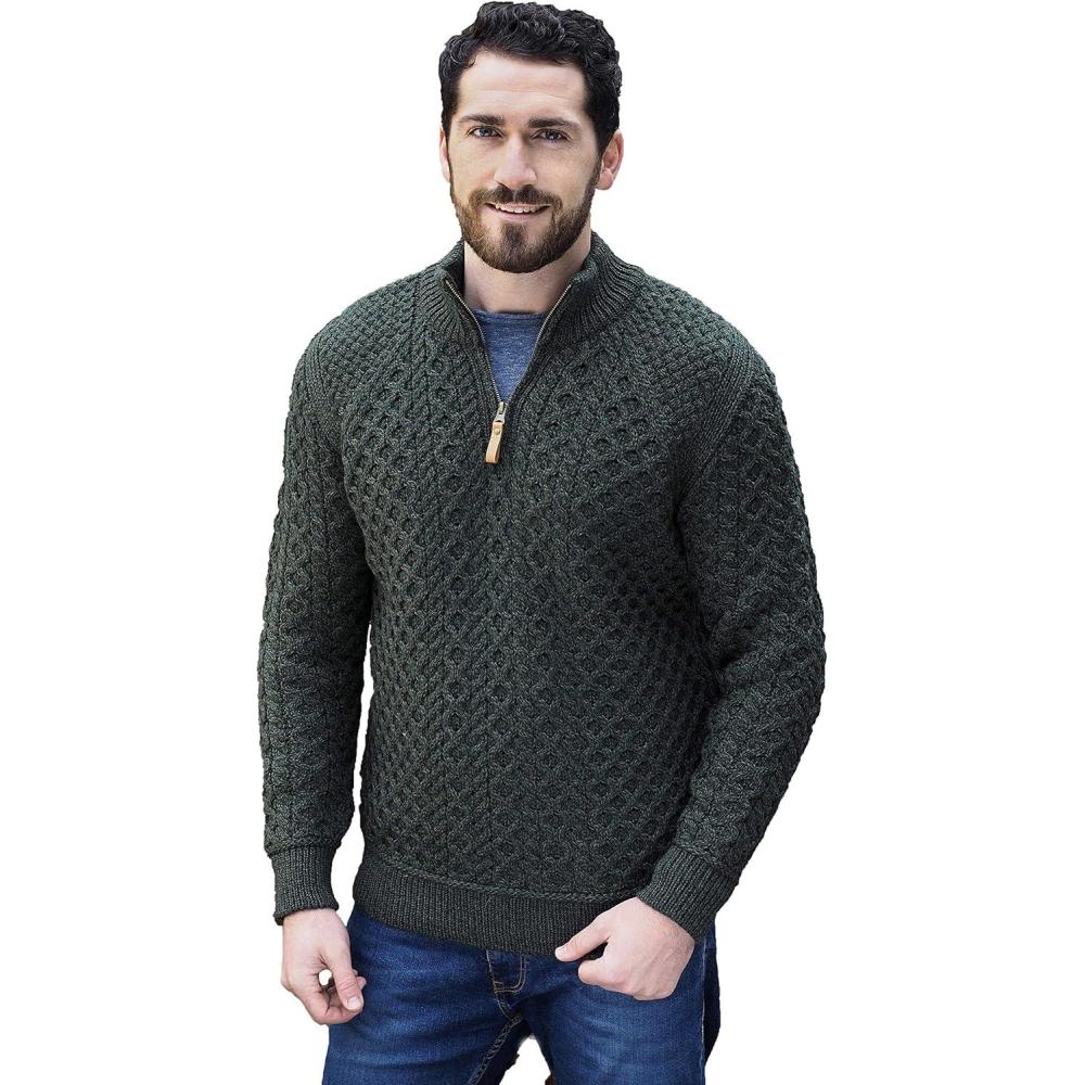 image:imageAran Crafts Mens Cable Knitted Half Zip Sweater 100 Super Soft Merino WoolArmy Green