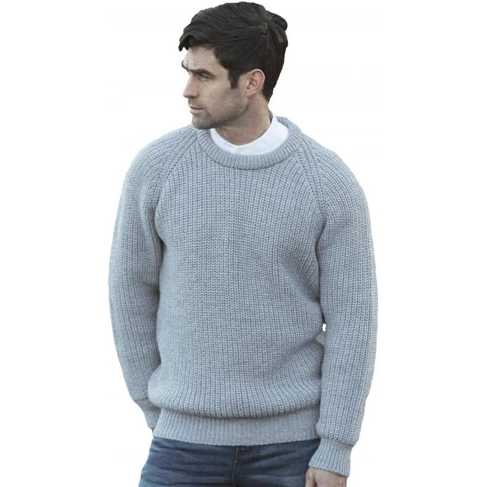 image:imageAran Crafts Mens Fisherman Irish Rib Crew Neck Wool Sweater 100 Pure WoolAsh Grey