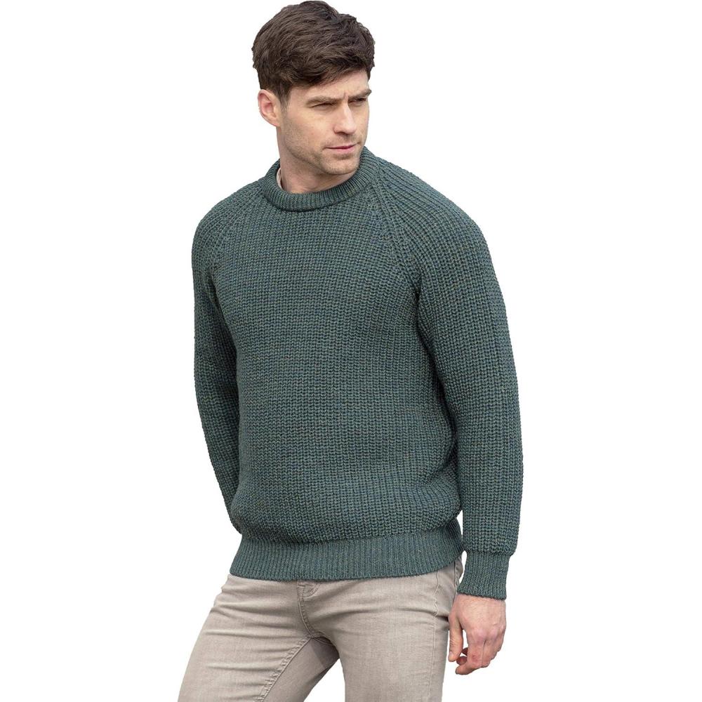 image:imageAran Crafts Mens Fisherman Irish Rib Crew Neck Wool Sweater 100 Pure WoolMoss