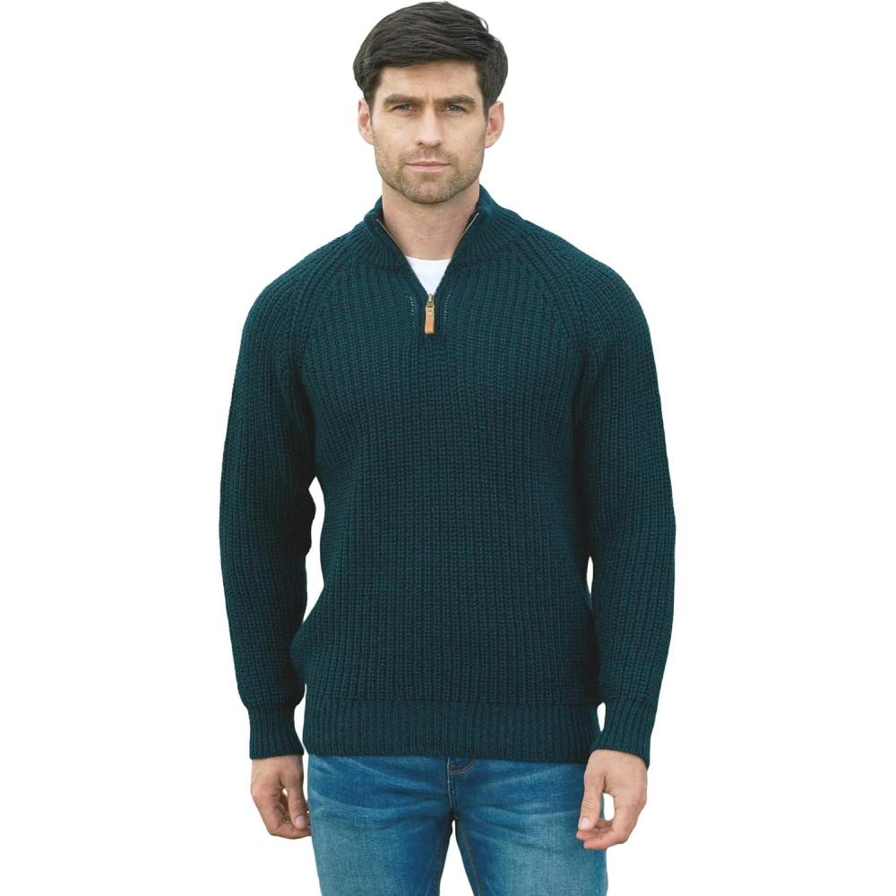 image:imageAran Crafts Mens Half Zip Rib Sweater 100 Wool Made in IrelandBlackwatch
