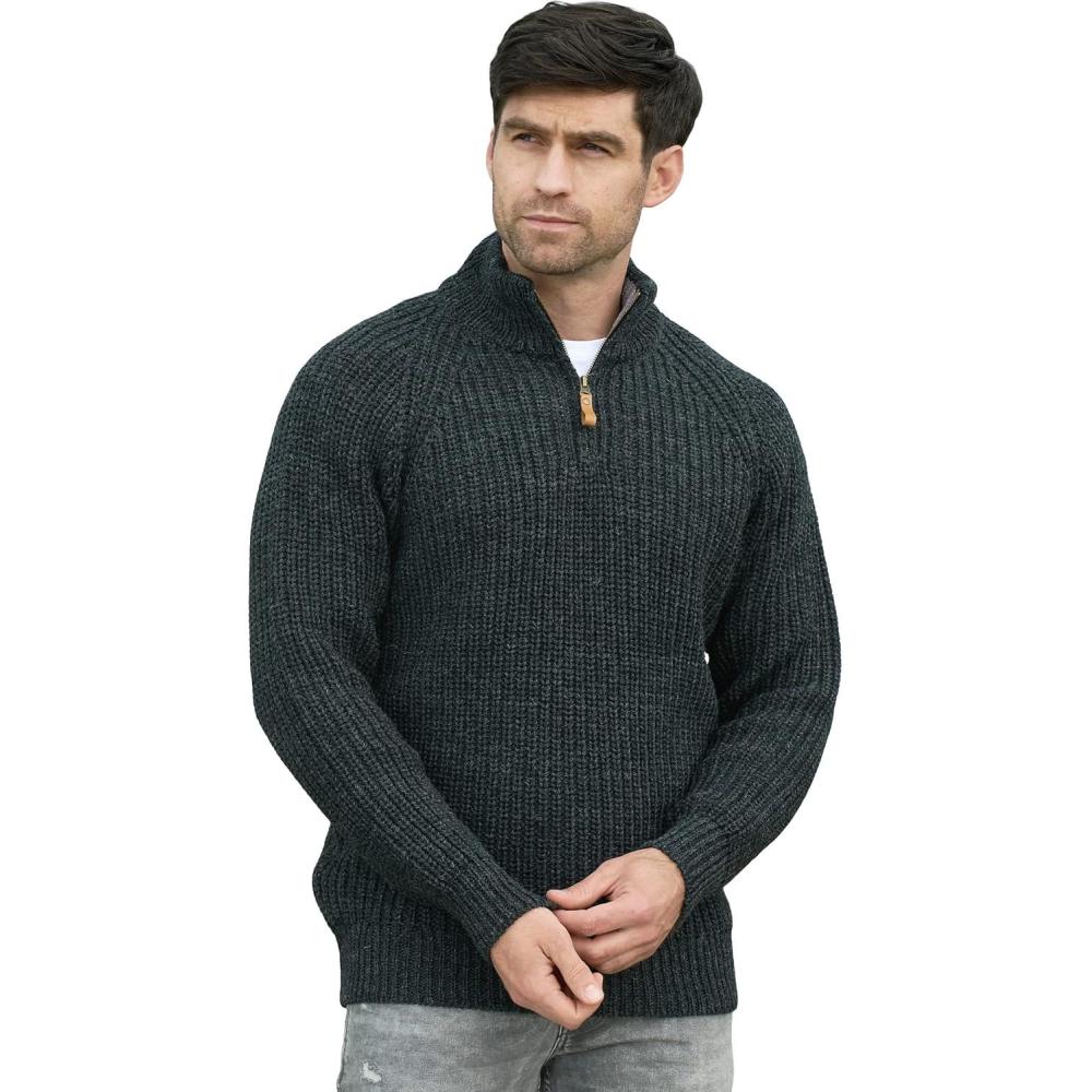 image:imageAran Crafts Mens Half Zip Rib Sweater 100 Wool Made in IrelandCharcoal