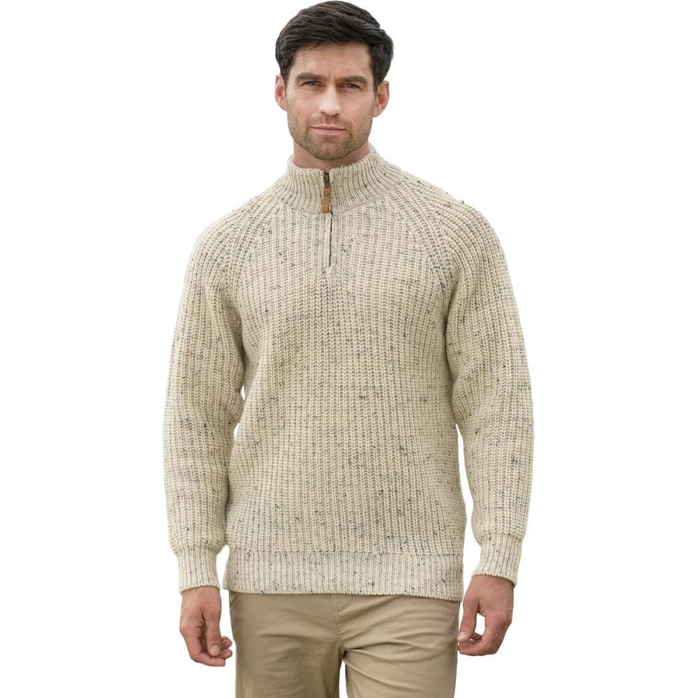 image:imageAran Crafts Mens Half Zip Rib Sweater 100 Wool Made in IrelandNatural Fleck