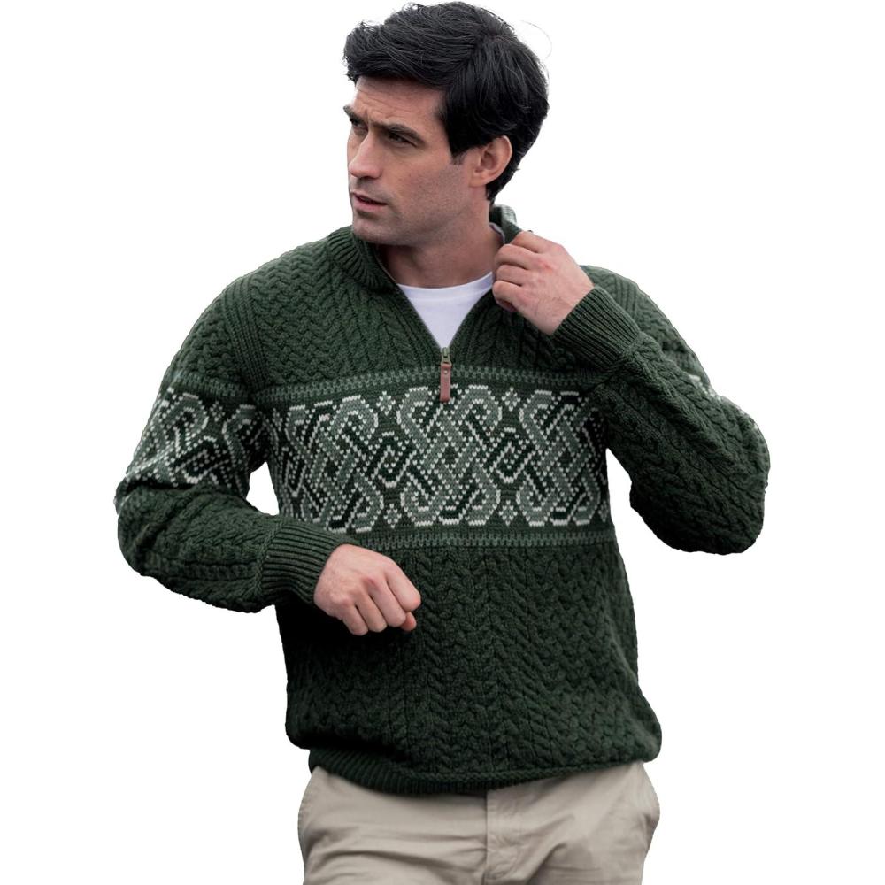 image:imageAran Crafts Mens Irish Cable Knit Half Zip Jacquard Sweater 100 Merino WoolArmy Green