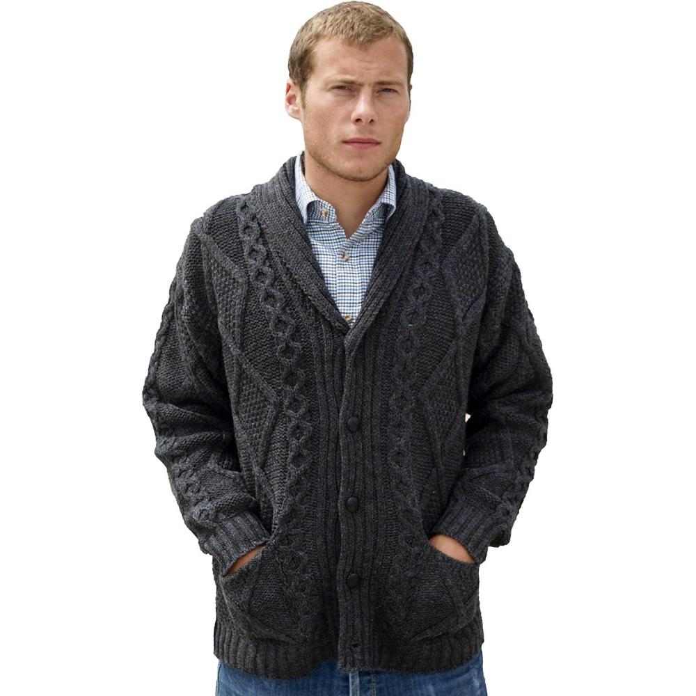 image:imageAran Crafts Mens Irish Cable Knitted Cardigan Sweater 100 Merino WoolCharcoal