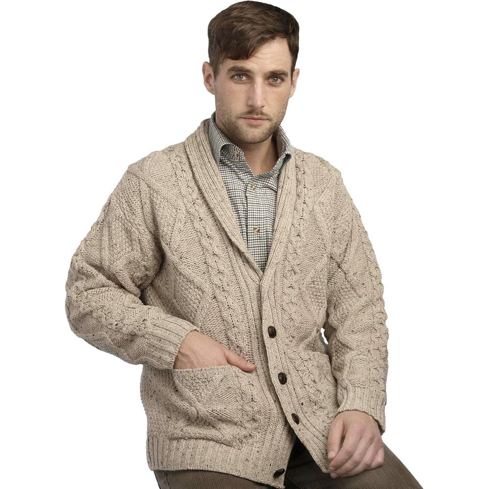 image:imageAran Crafts Mens Irish Cable Knitted Cardigan Sweater 100 Merino WoolOatmeal