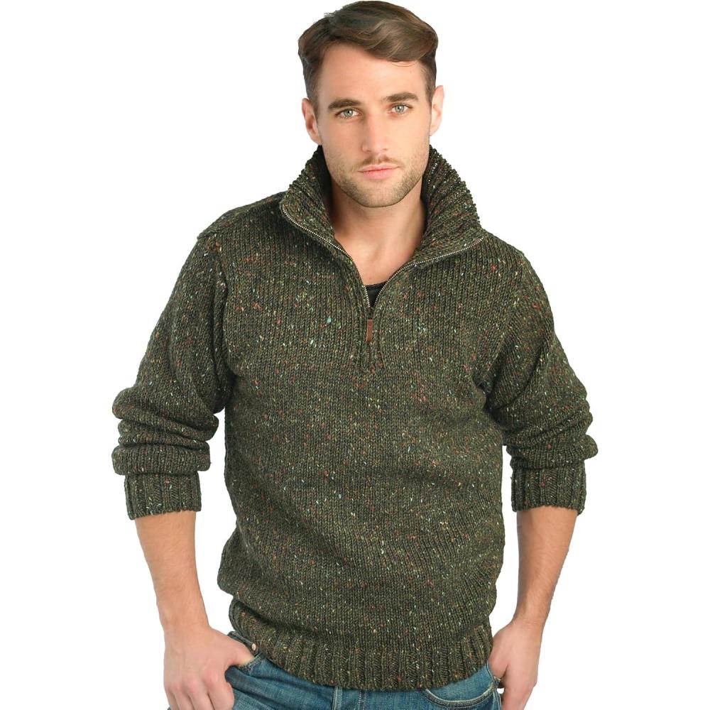 image:imageAran Crafts Mens Irish Cable Knitted Half Zip Sweater 100 Donegal WoolForest Green