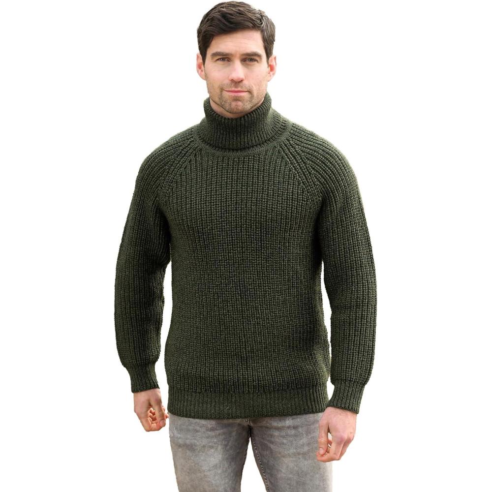image:imageAran Crafts Mens Irish Cable Knitted Rib Roll Neck Sweater 100 Pure New WoolDark Green