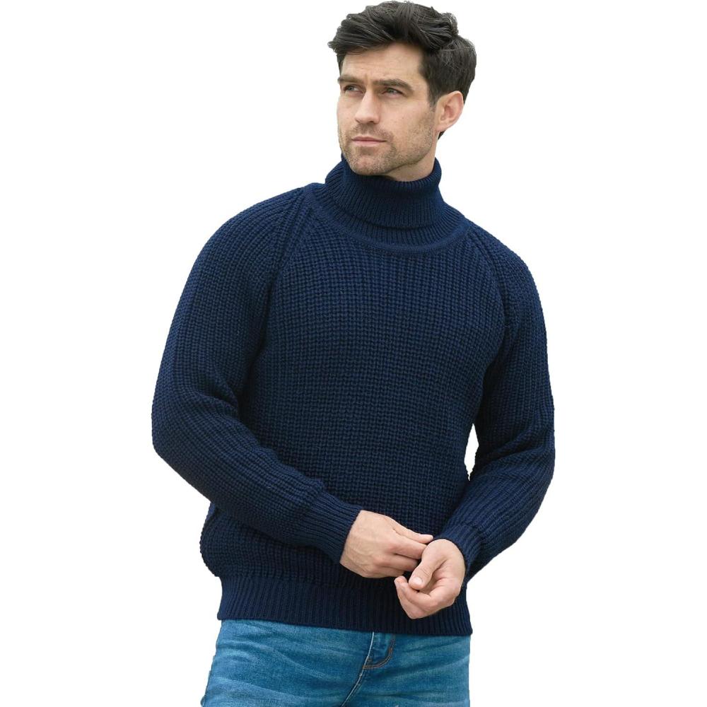 image:imageAran Crafts Mens Irish Cable Knitted Rib Roll Neck Sweater 100 Pure New WoolNavy