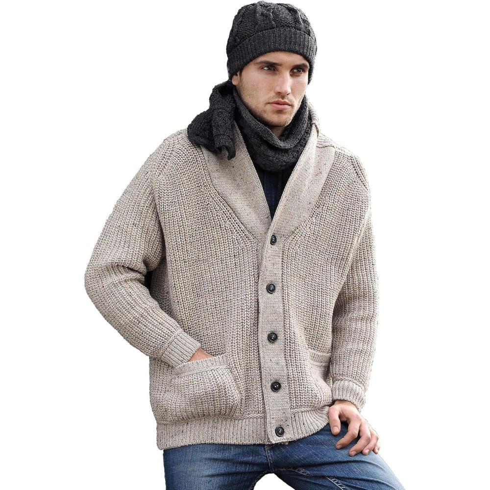 image:imageAran Crafts Mens Irish Cable Knitted Ribbed Shawl Cardigan 100 Merino WoolOatmeal