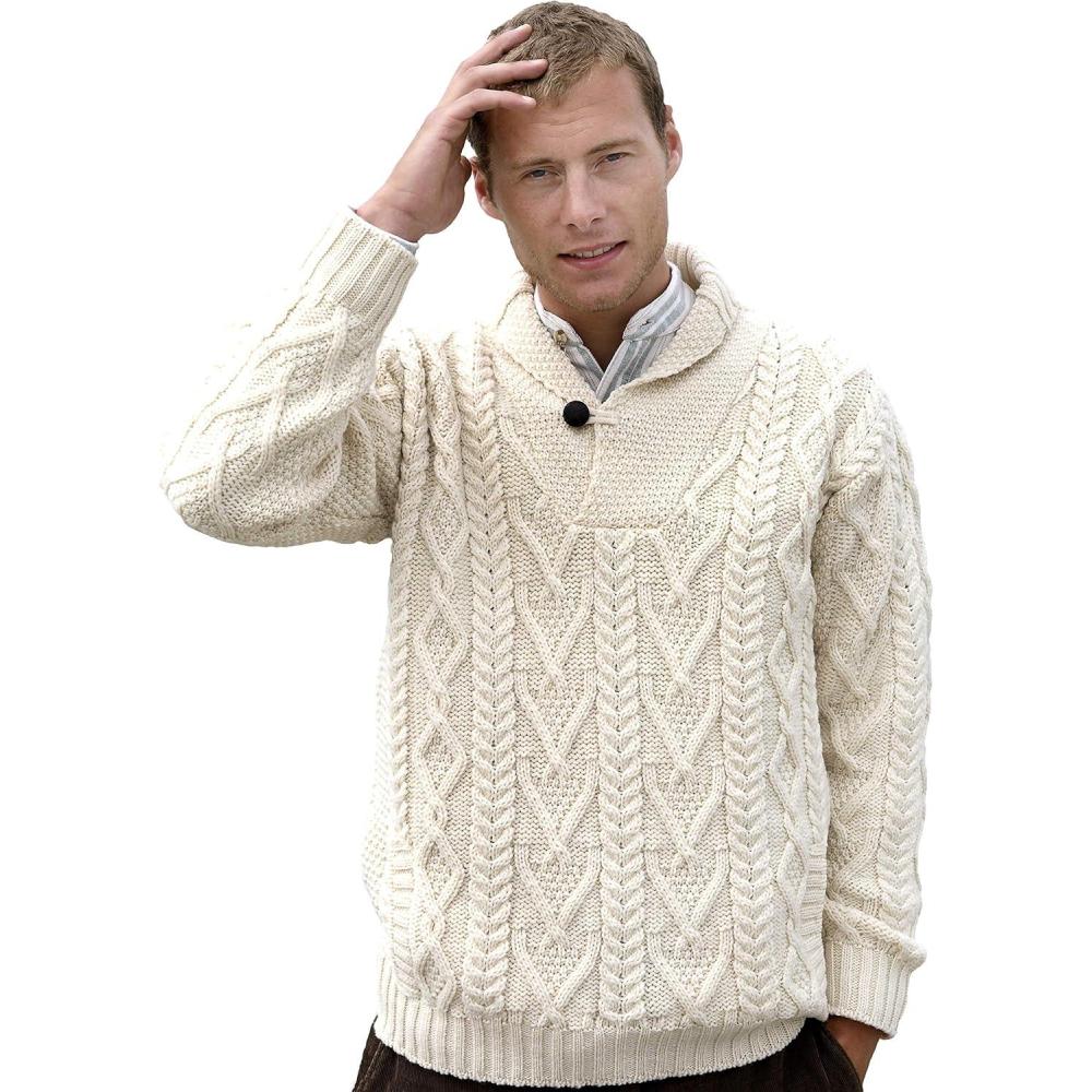 image:imageAran Crafts Mens Irish Cable Knitted Shawl Collar Sweater 100 Merino WoolNatural