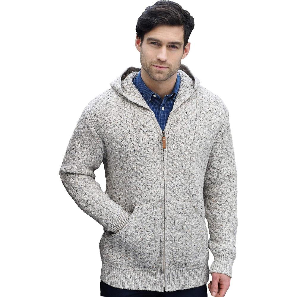 image:imageAran Crafts Mens Irish Cable Knitted Zip Hooded Cardigan 100 Merino WoolOatmeal