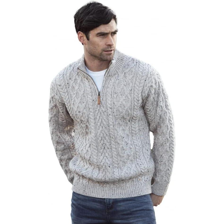 image:imageAran Crafts Mens Irish Soft Cable Knitted Zip Neck Jacket 100 Merino WoolOatmeal