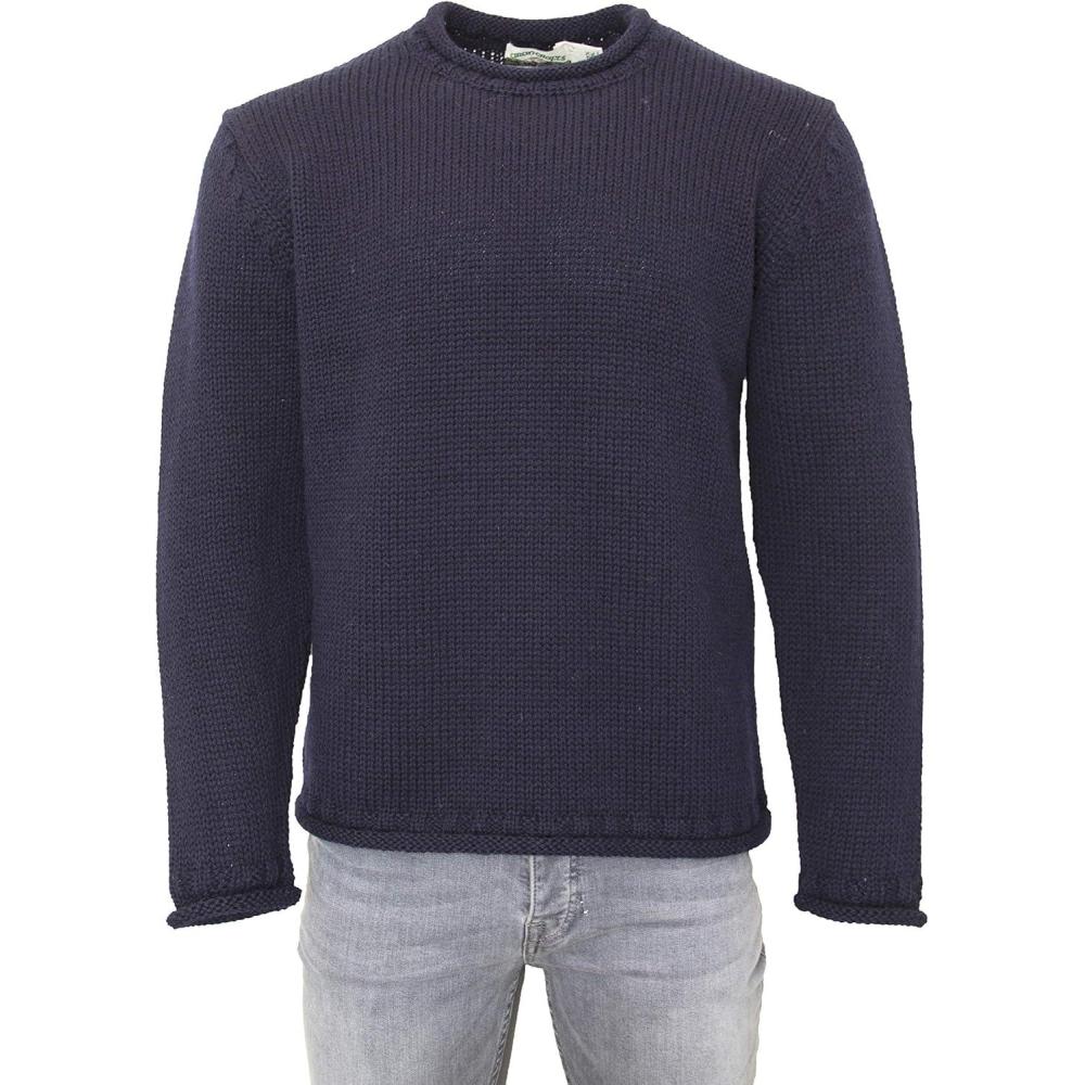 image:imageAran Crafts Mens Plain Curl Neck Long Sleeve Sweater 100 WoolNavy