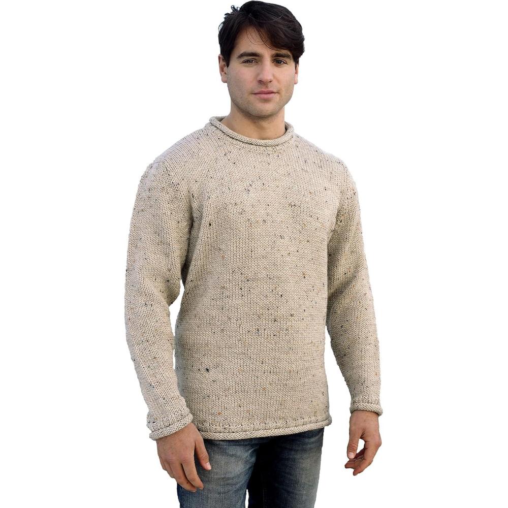 image:imageAran Crafts Mens Plain Curl Neck Long Sleeve Sweater 100 WoolSkiddaw