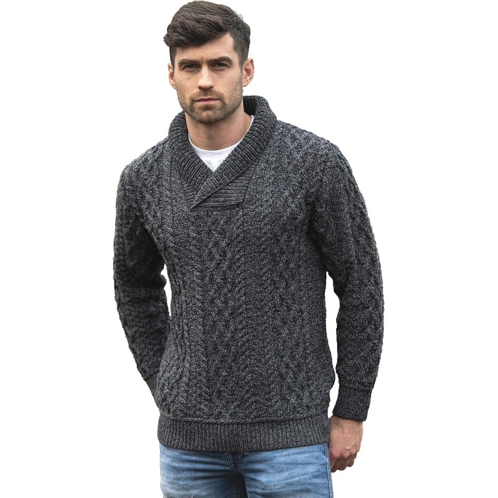 image:imageAran Crafts Mens Soft Irish Cable Knit Shawl Collar Sweater 100 Merino WoolCharcoal Marl