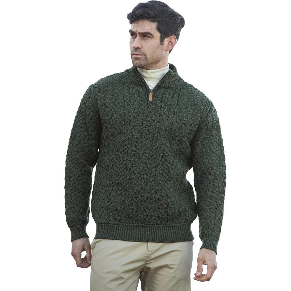 image:imageAran Crafts Mens Wool Half Zip SweaterArmy Green
