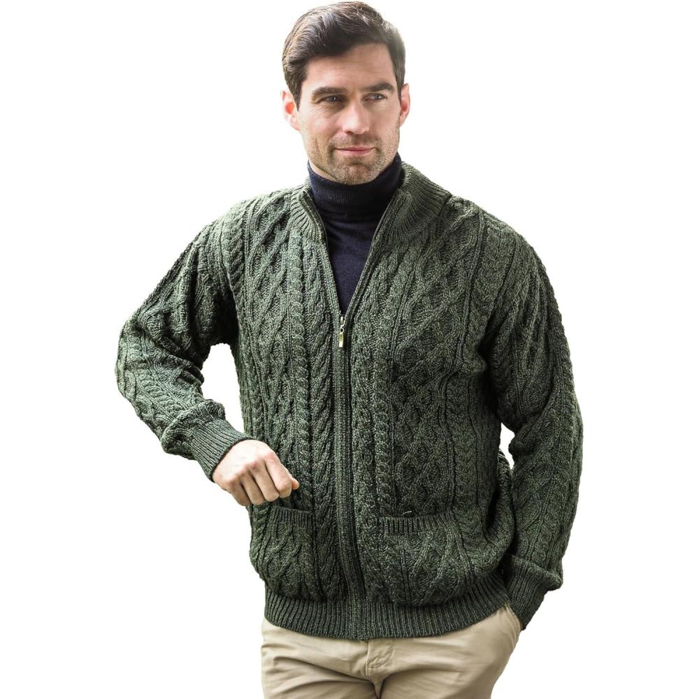 image:imageAran Crafts Mens Zip Cardigan 100 Merino Wool Made in IrelandArmy Green