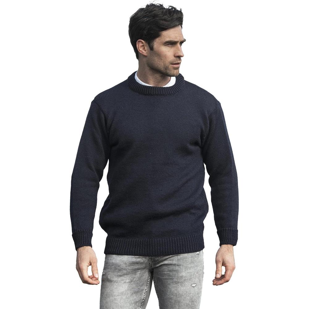image:imageAran Crafts Plain Crew Neck Sweater 100 WoolNavy